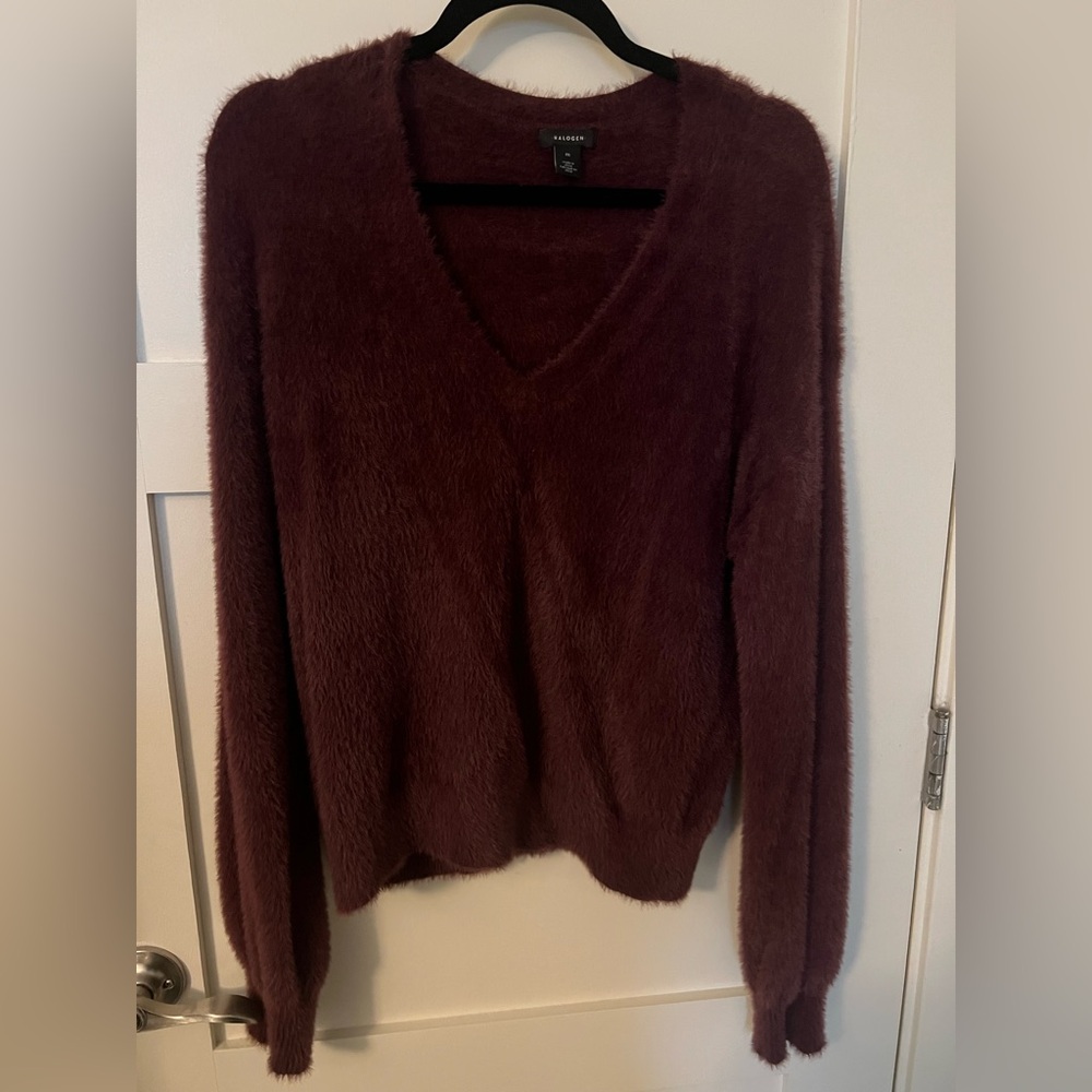 Halogen Burgundy Fuzzy V-Neck Sweater